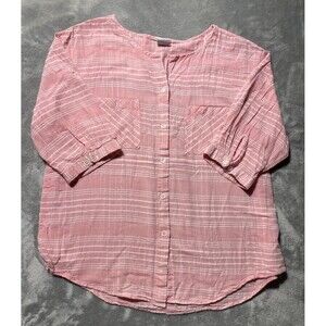 bossini Red & White Light Blouse Women’s Large Button Up Roll Up Mid Sleeves